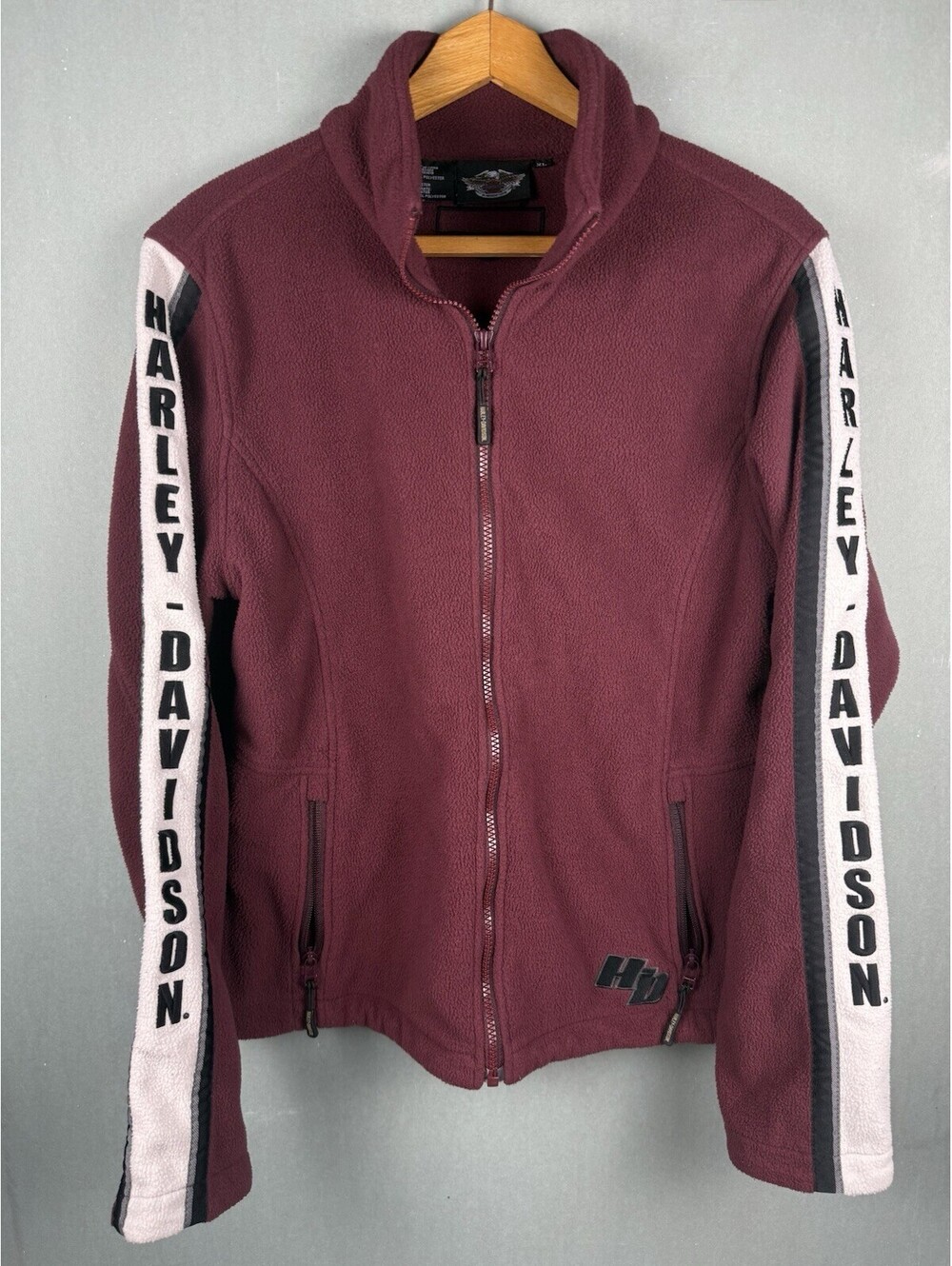 Harley Davidson Sleeve Spellout Womens Zipped Fleece Jacket Burgundy Size XL